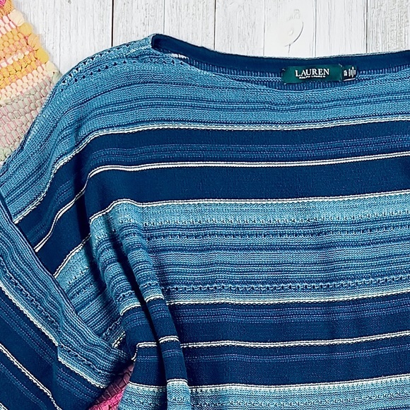 Lauren RL Striped Serape Fringed Short Sleeve Sweater - Picture 3 of 14